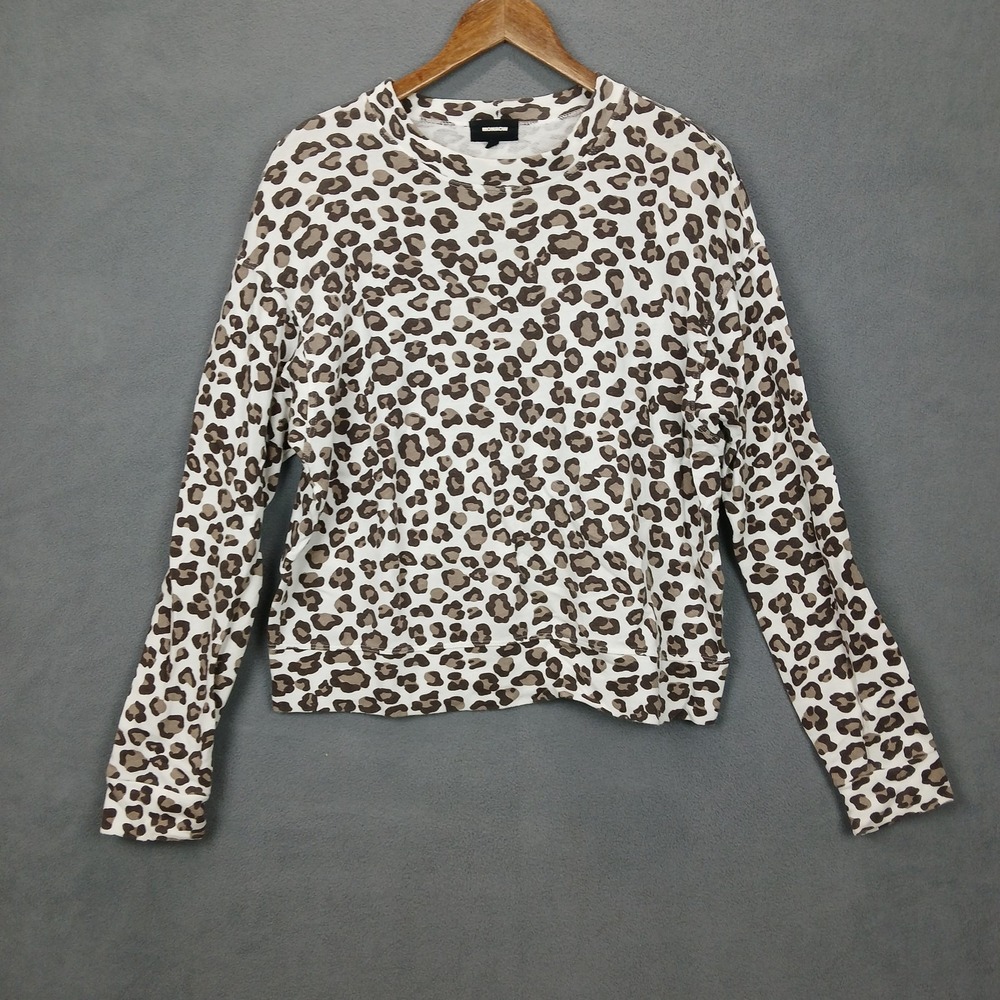 Monrow Sweatshirt Womens XS Beige‎ Leopard Print Knitted Crew Neck Down Shoulder